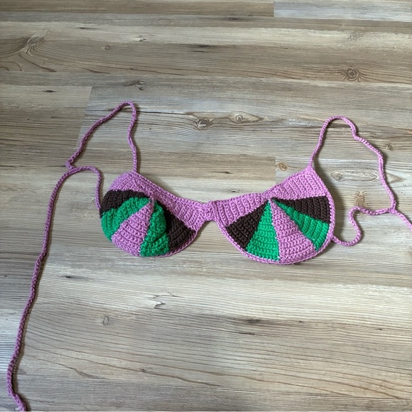 Zara Crocheted Bikini Top Size M Lavender Green Brown Beach Vacation Resort NWOT - Picture 4 of 10